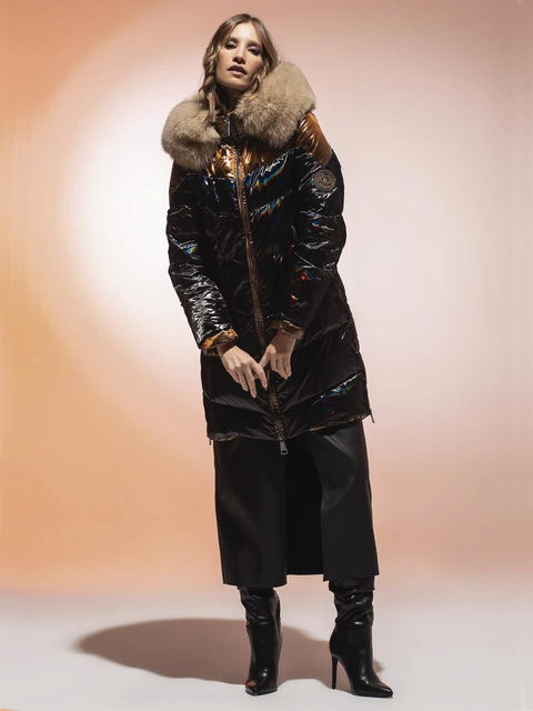 LOCO LUXO 100 cm - Luksusowy damski płaszcz puchowy z kapturem i lisem