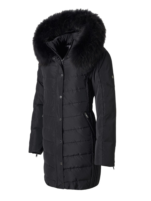 SAKI EVELYN 95 cm - Damski czarny puchowy płaszcz z kapturem i z jenotem