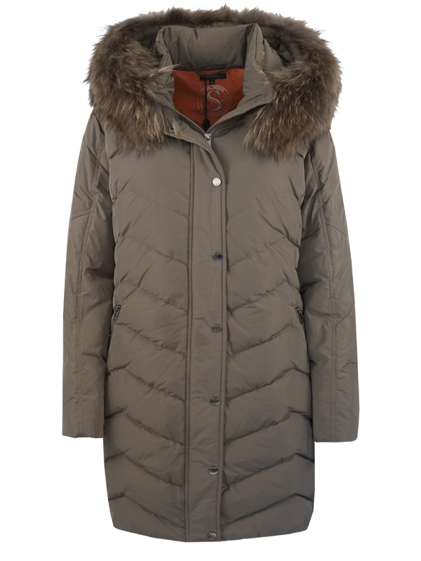 SAKI JEMMA COMFORT 93 cm - Kurtka puchowa z kapturem z naturalnym kołnierzem