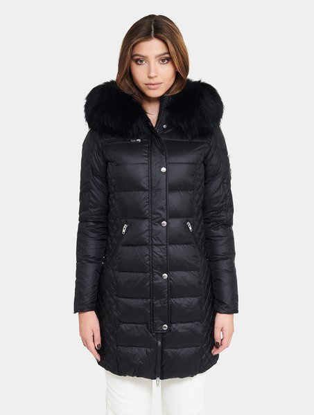 ROCKANDBLUE BEAM BLACK 90 cm - Damski puchowy płaszcz z kapturem o bardzo wąskim kroju