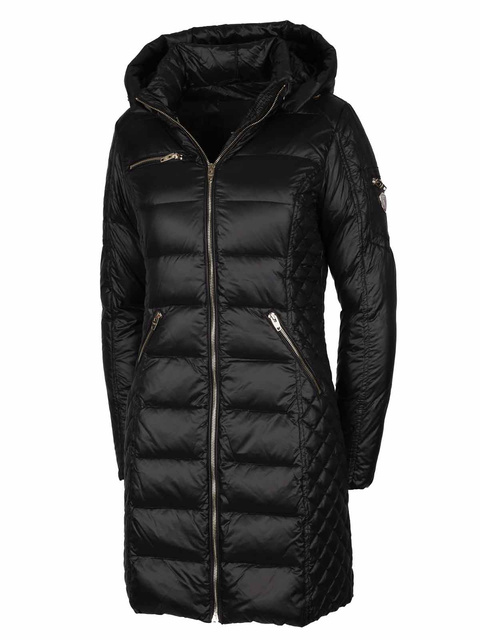 ROCKANDBLUE CIARA BARE 90 cm - Czarny puchowy płaszcz o bardzo wąskim kroju z kapturem bez obszycia