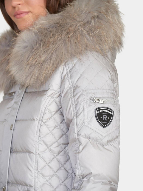 ROCKANDBLUE BEAM SILVER 90 cm - Damski puchowy płaszcz z kapturem o bardzo wąskim kroju