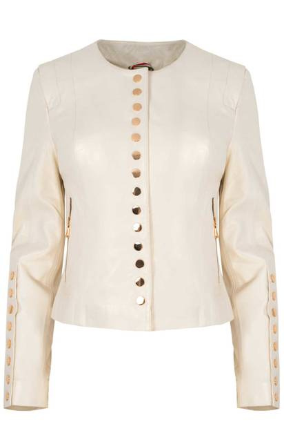 ALEXANDRA MILANO ETNA kremowo -perłowa kurtka ze skóry jagnięcej ze złotymi nitami.