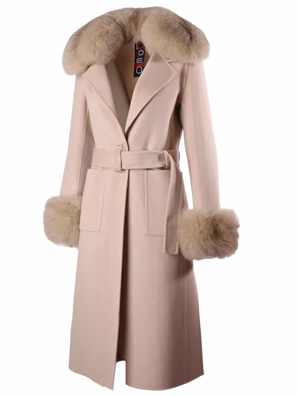 LOCO LUXO Luksusowy damski płaszcz wełniany z kołnierzem z lisa