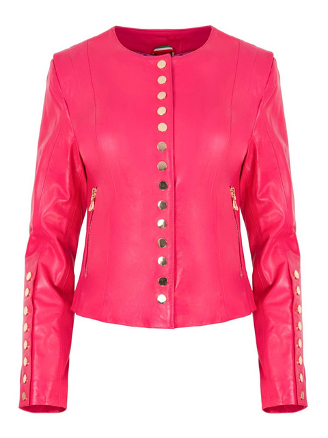 ALEXANDRA MILANO ETNA różowa kurtka ze skóry jagnięcej ze złotymi nitami.