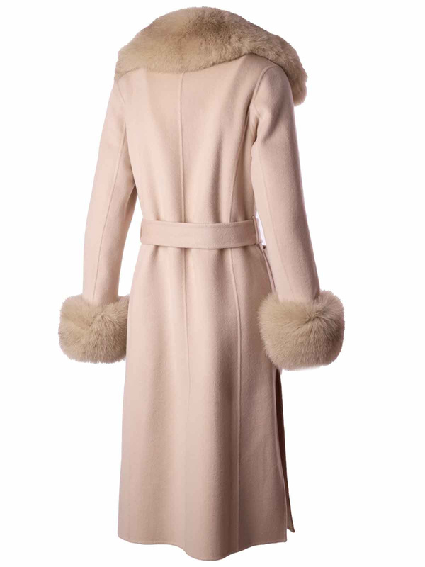 LOCO LUXO Luksusowy damski płaszcz wełniany z kołnierzem z lisa
