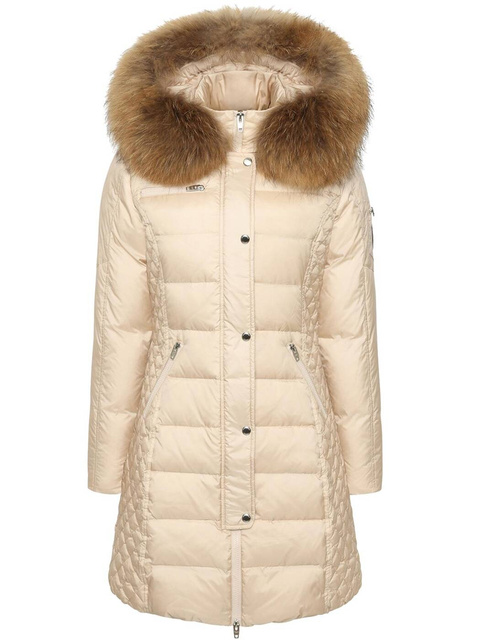 ROCKANDBLUE BEAM IVORY 90 cm - Damski puchowy płaszcz z kapturem o bardzo wąskim kroju