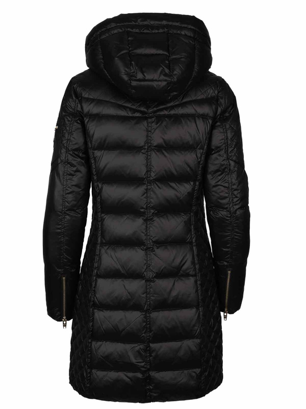 ROCKANDBLUE CIARA BARE 90 cm - Czarny puchowy płaszcz o bardzo wąskim kroju z kapturem bez obszycia