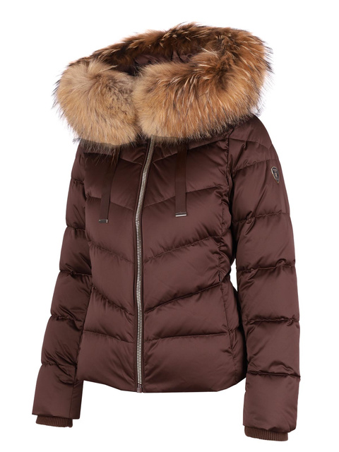 ROCKANDBLUE LEIA 63 cm – kurtka puchowa swobodnym kroju w kolorze czekolady z prawdziwym futrem jenota