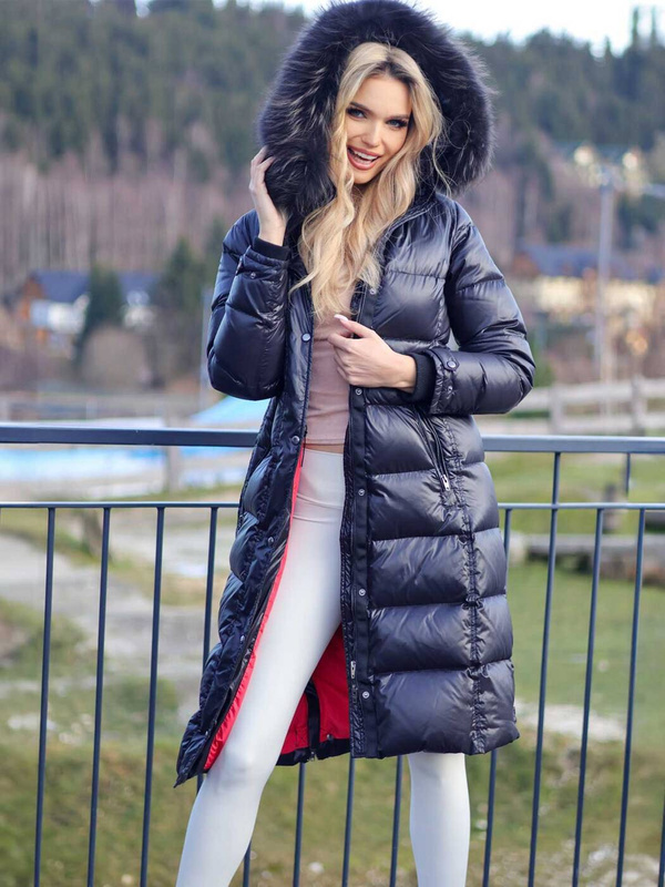 ROCKANDBLUE FARROW COAT 110 cm - Czarny puchowy płaszcz z kapturem i kołnierzem z jenota