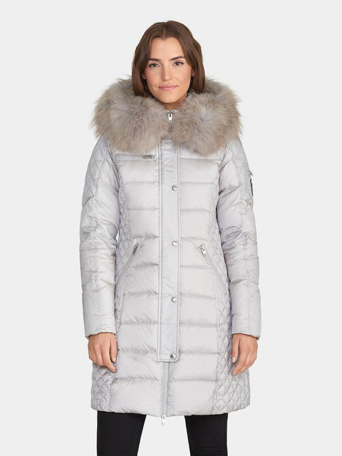 ROCKANDBLUE BEAM SILVER 90 cm - Damski puchowy płaszcz z kapturem o bardzo wąskim kroju
