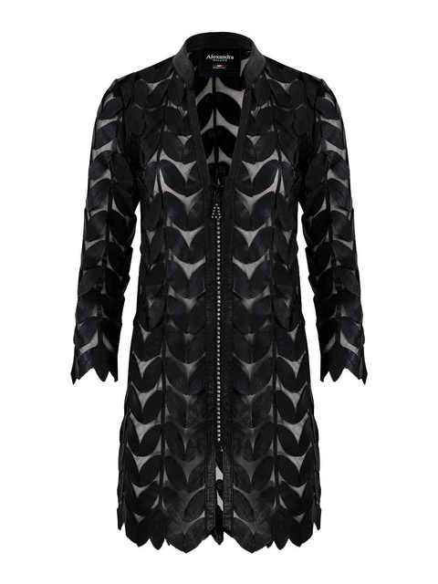 ALEXANDRA MILANO LEAF COAT CRISTAL - ręcznie wykonany czarny żakiet ze skóry naturalnej.