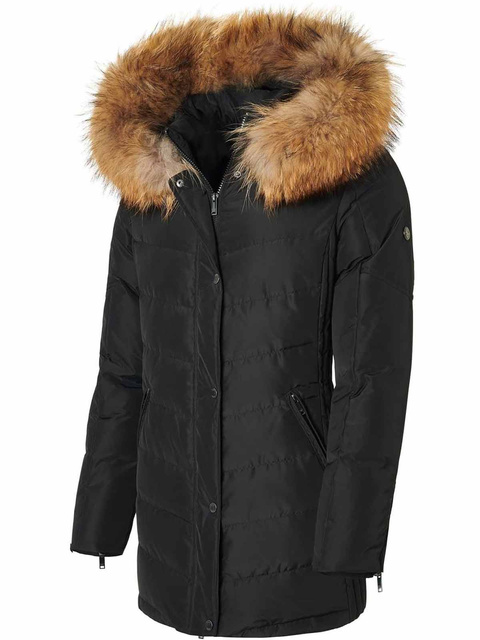 SAKI LAUREN 78 cm - Czarna kurtka puchowa z kapturem oraz prawdziwym jenotem