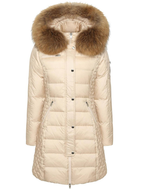 ROCKANDBLUE BEAM IVORY 90 cm - Damski puchowy płaszcz z kapturem o bardzo wąskim kroju