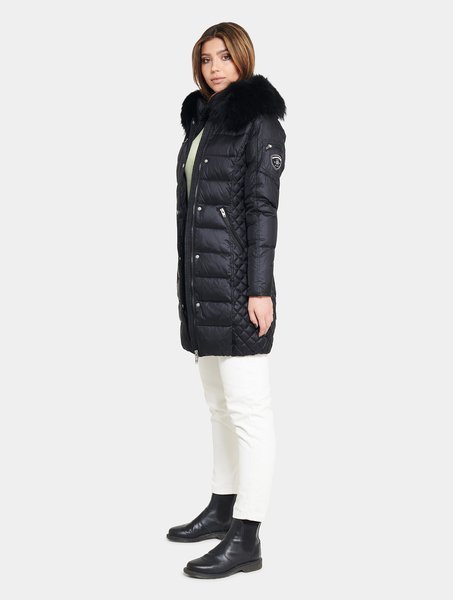 ROCKANDBLUE BEAM BLACK 90 cm - Damski puchowy płaszcz z kapturem o bardzo wąskim kroju