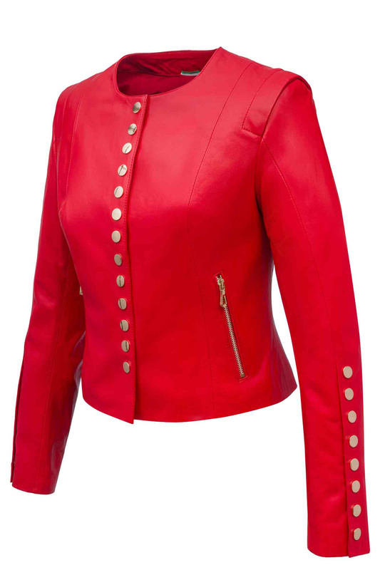 ALEXANDRA MILANO ETNA czerwona kurtka ze skóry jagnięcej ze złotymi nitami.