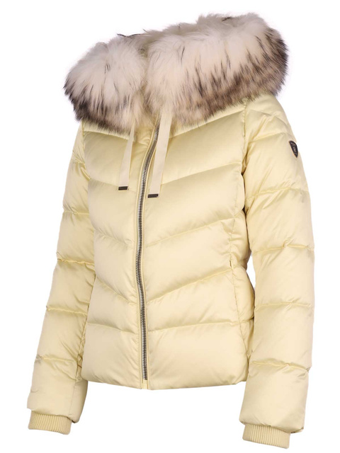 ROCKANDBLUE LEIA 63 cm – kurtka puchowa o swobodnym kroju w kolorze jasno żółtym z prawdziwym futrem jenota