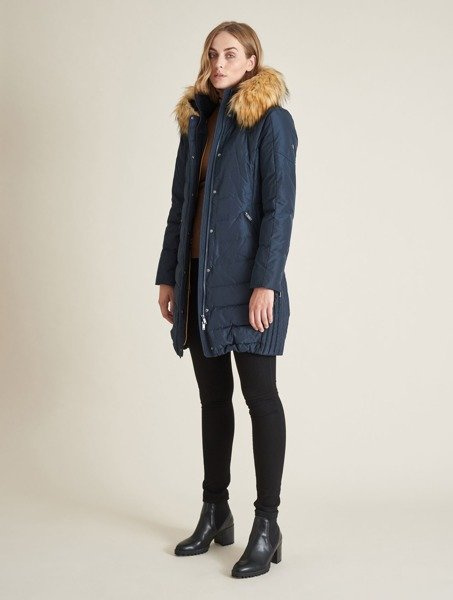 SAKI EVELYN 95 cm - Granatowy puchowy płaszcz z kapturem odpinanym na suwak i sztucznym kołnierzem