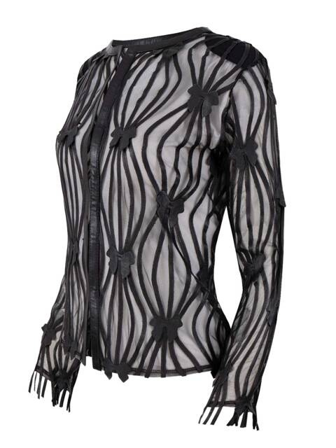 Ekskluzywny Ażurowy czarny Żakiet Skórzany