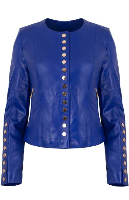 ALEXANDRA MILANO ETNA granatowa kurtka ze skóry jagnięcej ze złotymi nitami.