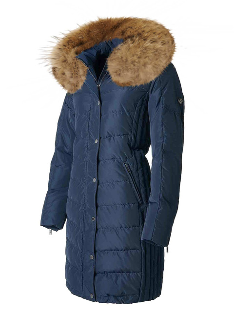 SAKI EVELYN 95 cm - Damski granatowy puchowy płaszcz z kapturem i z jenotem