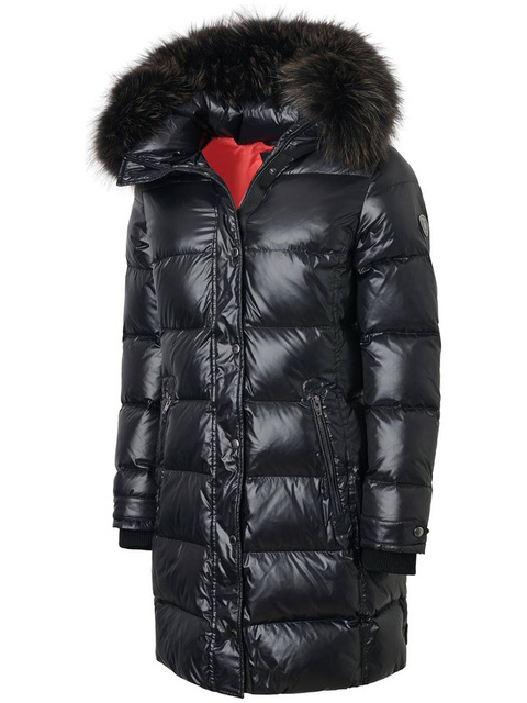 ROCKANDBLUE FARROW MID 90 cm - Czarna puchowa kurtka z kapturem i kołnierzem z jenota