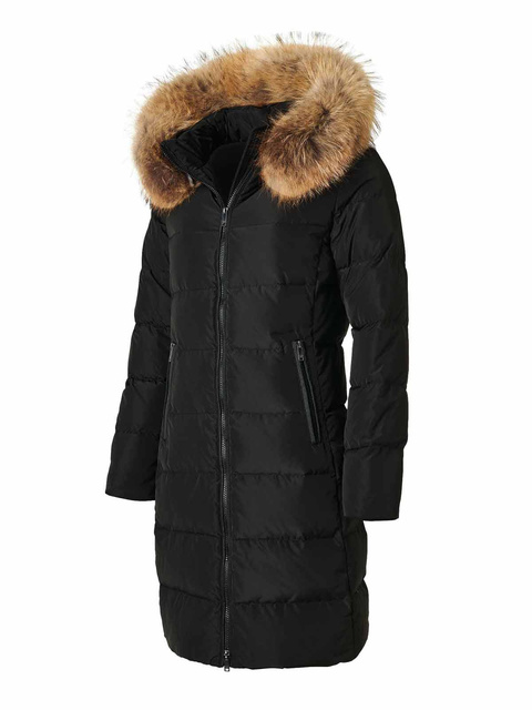 SAKI MAXI 90 cm - Czarny puchowy płaszcz z kapturem z naturalnym kołnierzem