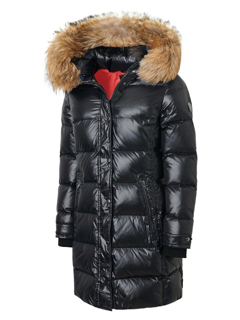 ROCKANDBLUE FARROW MID 90 cm  - Czarna puchowa kurtka z kapturem i kołnierzem z jenota