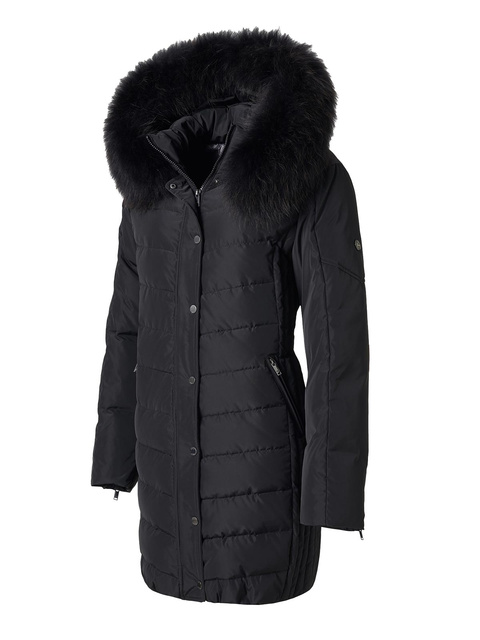 SAKI EVELYN 95 cm - Damski czarny puchowy płaszcz z kapturem i z jenotem