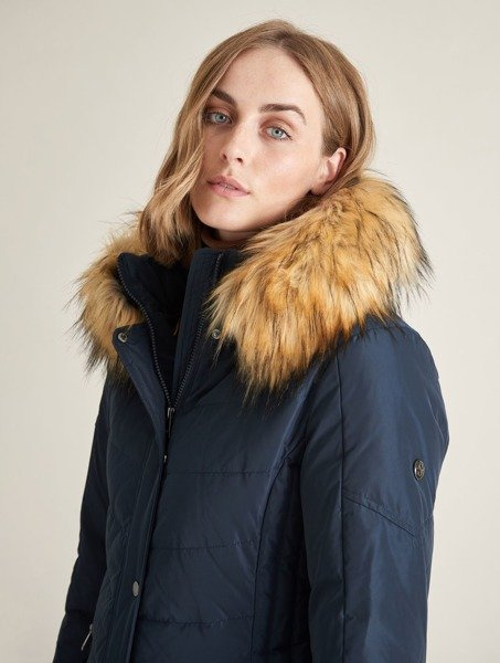 SAKI EVELYN 95 cm - Granatowy puchowy płaszcz z kapturem odpinanym na suwak i sztucznym kołnierzem