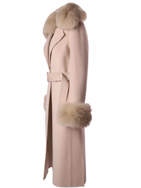 LOCO LUXO Luksusowy damski płaszcz wełniany z kołnierzem z lisa