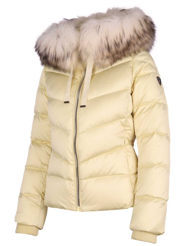 ROCKANDBLUE LEIA 63 cm – kurtka puchowa o swobodnym kroju w kolorze jasno żółtym z prawdziwym futrem jenota