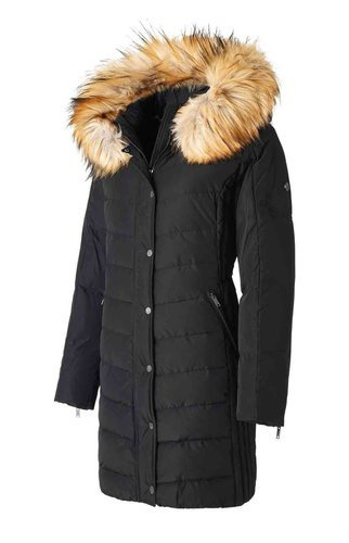 SAKI EVELYN 95 cm - Czarny płaszcz puchowy z kapturem odpinanym na suwak i sztucznym kołnierzem