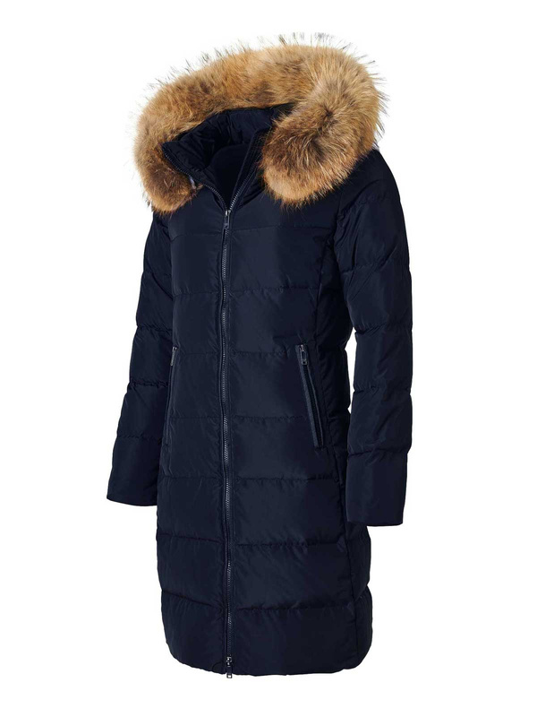 SAKI MAXI 90 cm - Granatowy puchowy płaszcz z kapturem z naturalnym kołnierzem