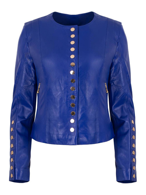 ALEXANDRA MILANO ETNA granatowa kurtka ze skóry jagnięcej ze złotymi nitami.