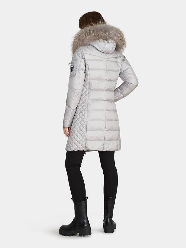 ROCKANDBLUE BEAM SILVER 90 cm - Damski puchowy płaszcz z kapturem o bardzo wąskim kroju