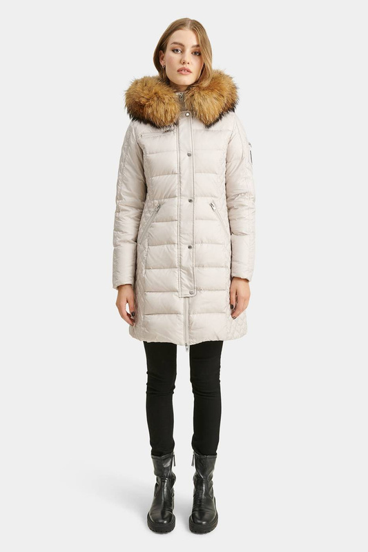 ROCKANDBLUE BEAM GREY 90 cm - Damski puchowy płaszcz z kapturem o bardzo wąskim kroju