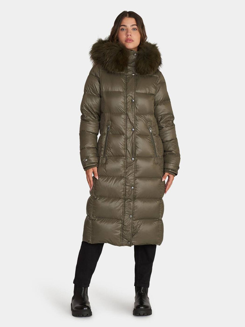 ROCKANDBLUE FARROW COAT 110 cm  - Oliwkowy puchowy płaszcz z kapturem i kołnierzem z jenota