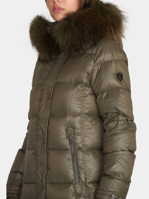 ROCKANDBLUE FARROW COAT 110 cm  - Oliwkowy puchowy płaszcz z kapturem i kołnierzem z jenota