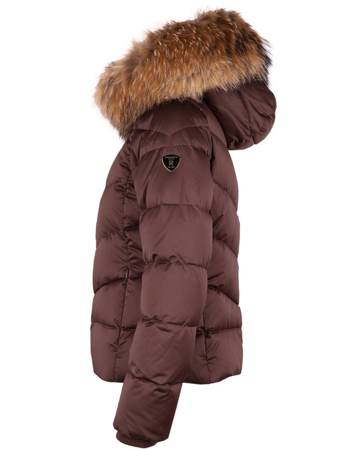 ROCKANDBLUE LEIA 63 cm – kurtka puchowa swobodnym kroju w kolorze czekolady z prawdziwym futrem jenota