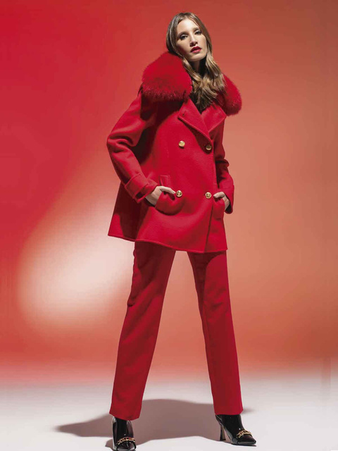 LOCO LUXO Luksusowy damski płaszcz wełniany z kołnierzem z lisa