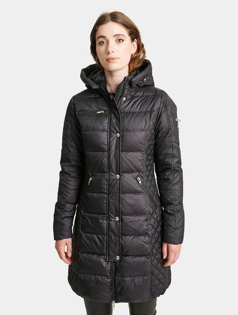 ROCKANDBLUE BEAM BARE Czarny puchowy płaszcz o bardzo wąskim kroju z kapturem bez obszycia