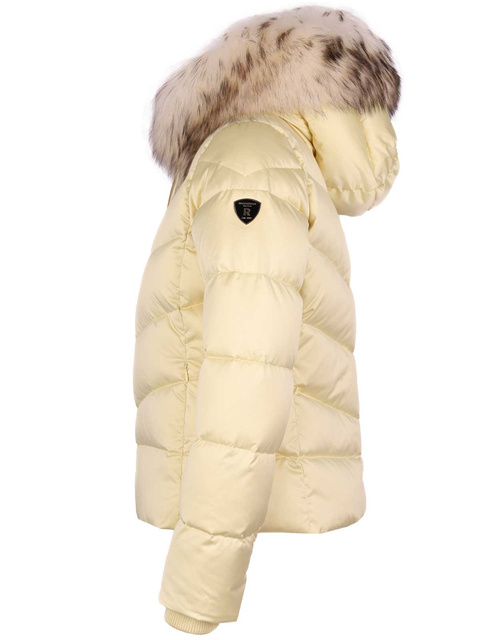ROCKANDBLUE LEIA 63 cm – kurtka puchowa o swobodnym kroju w kolorze jasno żółtym z prawdziwym futrem jenota