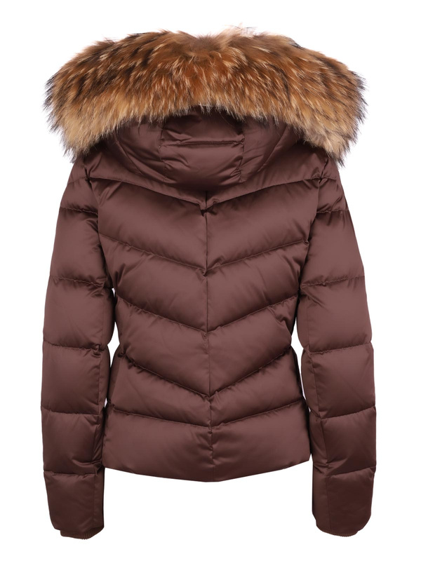 ROCKANDBLUE LEIA 63 cm – kurtka puchowa swobodnym kroju w kolorze czekolady z prawdziwym futrem jenota