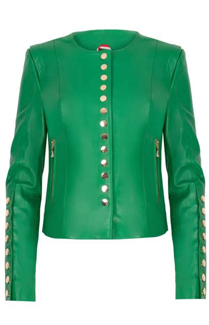 ALEXANDRA MILANO ETNA zielona kurtka ze skóry jagnięcej ze złotymi nitami.