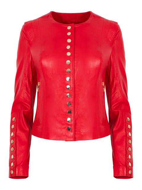 ALEXANDRA MILANO ETNA czerwona kurtka ze skóry jagnięcej ze złotymi nitami.