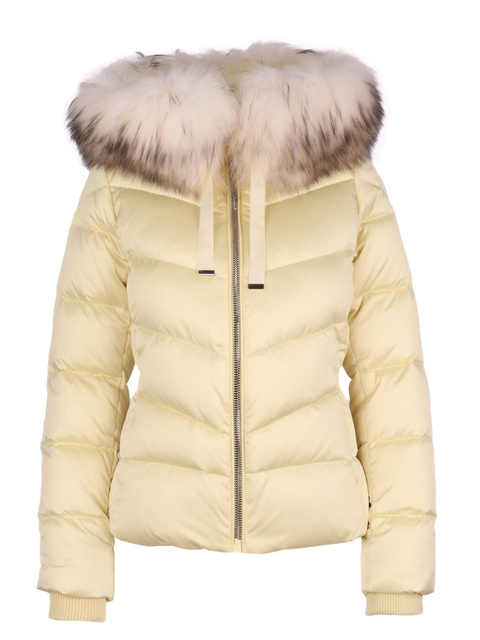 ROCKANDBLUE LEIA 63 cm – kurtka puchowa o swobodnym kroju w kolorze jasno żółtym z prawdziwym futrem jenota