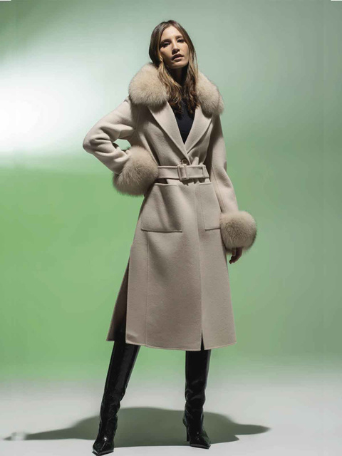 LOCO LUXO Luksusowy damski płaszcz wełniany z kołnierzem z lisa