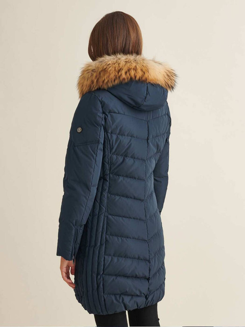 SAKI EVELYN 95 cm - Damski granatowy puchowy płaszcz z kapturem i z jenotem