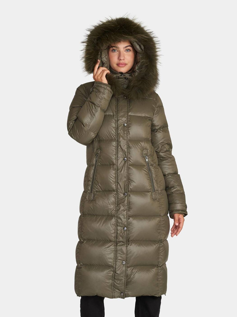 ROCKANDBLUE FARROW COAT 110 cm  - Oliwkowy puchowy płaszcz z kapturem i kołnierzem z jenota